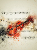 Rysunek skrzypiec nałożony na fragmenty zapisów nut na pięcioliniach.