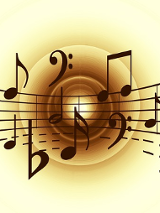 Wklęsły obraz pięciolini z nutami i znakami muzycznymi. W tle brązowo żółte kręgi.