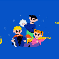 Baner promujący wydarzenie. Nazwa wydarzenia i data. Troje dzieci grających na instrumentach: harmoni, skrzypcach i tamburynie, maskotka - rysunek.