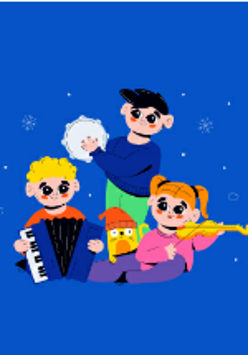 Baner promujący wydarzenie. Nazwa wydarzenia i data. Troje dzieci grających na instrumentach: harmoni, skrzypcach i tamburynie, maskotka - rysunek.