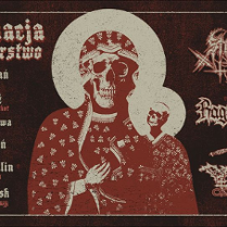 Obraz stylizowany na matkę boską z dzieciątkiem, zamiast twarzy mają czaszki.