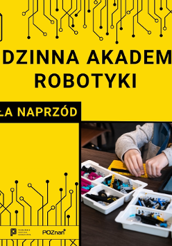 Na żółtym tle czarny napis z nazwa wydarzenia. Prawy dolny narożnik to zdjęcie rąk dziecka składającego klocki i dwie kuwety z klockami.