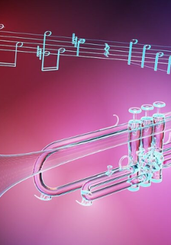 Przezroczysta (szklana) trąbka na wrzosowym tle. Powyżej przezroczysta pięciolinia i nutki na niej.