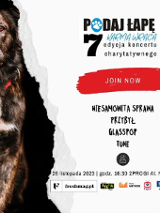 Baner promujący wydarzenie. Nazwa wydarzenia i data. Zdjęcie 2 psów