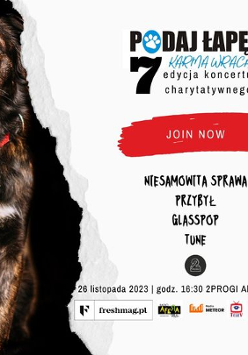 Baner promujący wydarzenie. Nazwa wydarzenia i data. Zdjęcie 2 psów