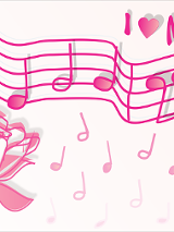 Nutki różowe na różowej pięciolinii i poza nią. Różowa óża i napis i love music, oczywiście różowy.