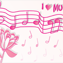 Nutki różowe na różowej pięciolinii i poza nią. Różowa óża i napis i love music, oczywiście różowy.