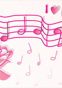 Nutki różowe na różowej pięciolinii i poza nią. Różowa óża i napis i love music, oczywiście różowy.