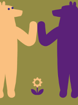 Baner promujący wydarzenie. Nazwa wydarzenia. Dodatkowo na zielonym tle rysunek dwóch misiów (jasnobrązowego i fioletowego), a między nimi kwiatek jasnobrązowy z fioletową łodyżką i listkami. Jasny miś ma fioletowe oczka.