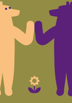 Baner promujący wydarzenie. Nazwa wydarzenia. Dodatkowo na zielonym tle rysunek dwóch misiów (jasnobrązowego i fioletowego), a między nimi kwiatek jasnobrązowy z fioletową łodyżką i listkami. Jasny miś ma fioletowe oczka.