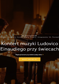 Baner promujący wydarzenie. Nazwa wydarzenia. W tle zdjęcie muzyka przy fortepianie a w około setki świec.