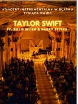 Baner promujący wydarzenie. Nazwa wydarzenia. W tle fortepian i świece.