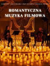 Baner promujący wydarzenie. Nazwa wydarzenia. W tle świece oraz kwartet muzyków na scenie.