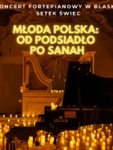 Baner promujący wydarzenie. Nazwa wydarzenia. W tle fortepian i świece.