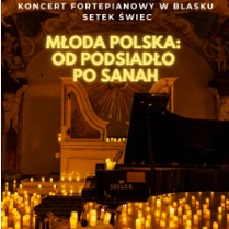 Baner promujący wydarzenie. Nazwa wydarzenia. W tle fortepian i świece.