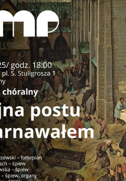 Baner promujący wydarzenie. Nazwa wydarzenia i data. W tle obraz Pietera Bruegla - Wojna postu z karnawałem.