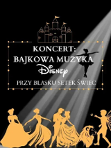 Baner promujący wydarzenie. Nazwa wydarzenia. W tle na żółto zarysy postaci z baśni Disneya.