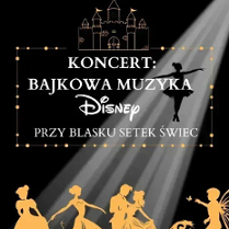 Baner promujący wydarzenie. Nazwa wydarzenia. W tle na żółto zarysy postaci z baśni Disneya.