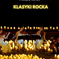 Baner promujący wydarzenie. Nazwa wydarzenia. W tle świece oraz kwartet muzyków na scenie.