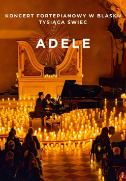 Baner promujący wydarzenie. Nazwa wydarzenia. W tle zdjęcie muzyka przy fortepianie a w około setki świec.