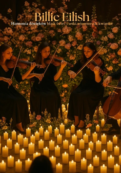 Baner promujący wydarzenie. Nazwa wydarzenia. W tle świece oraz kwartet smyczkowy na scenie.