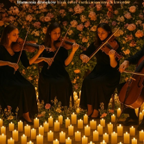 Baner promujący wydarzenie. Nazwa wydarzenia. W tle świece oraz kwartet smyczkowy na scenie.