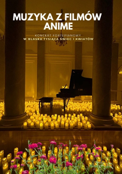 Baner promujący wydarzenie. Nazwa wydarzenia. W tle fortepian i świece.