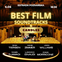 Baner promujący wydarzenie. Nazwa wydarzenia. W tle fortepian i świece.