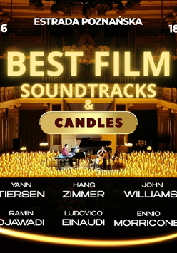 Baner promujący wydarzenie. Nazwa wydarzenia. W tle fortepian i świece.