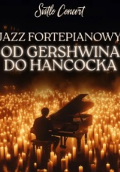 Baner promujący wydarzenie. Nazwa wydarzenia. W tle fortepian i świece.