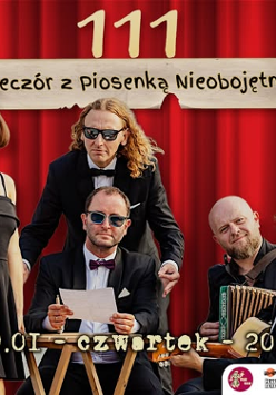 Baner promujący wydarzenie. Nazwa wydarzeania i zdjęcie osób artystycznych.