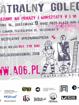 plakat infrormjący o cyklu wydarzeń Teatrlny Golęcin, w kolorach szarym, białym i różowym, z