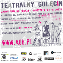 plakat infrormjący o cyklu wydarzeń Teatrlny Golęcin, w kolorach szarym, białym i różowym, z