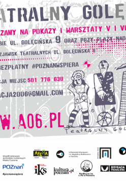 plakat infrormjący o cyklu wydarzeń Teatrlny Golęcin, w kolorach szarym, białym i różowym, z