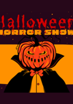 grafiak przedstawia górną częśc postaci w płaszczu, z dynią zamiast głowy, powyżej napis Halloween Horror Show