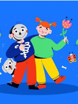 Kolorowy rysunek, na którym jest dwójka obejmujących się ramieniem dzieci; dziewczynka trzyma w ręce kwiat, chłopiec trzyma w ręce maskę z uśmiechniętą buzią, którą przykłada do twarzy.