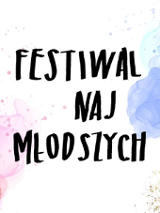 Czarne napisy na białym tle z różowymi i niebieskimi "plamami" i złotym brokatem.