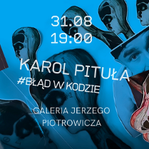 Abstrakcyjne postacie o głowach przypominających manekiny lub lalki, z fragmentami twarzy i cyfrowymi elementami. W tle dominują odcienie niebieskiego, a obok postaci widoczne są dwie książki Karola Pituły z okładką przedstawiającą anatomiczne szkice postaci i tytuł. Zdjęcie autora na drugim planie. Szczegóły o wydarzeniu w treści artykułu.