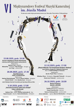 Kontur głowy człowieka wykonany z instrumentów. Wokół grafiki nut. Szczegółowe informacje na temat wydarzeń organizowanych w ramach VI Międzynarodowego Festiwalu Muzyki Kameralnej imienia Józefa Madei. Loga organizatorów i partnerów. Informacje na temat wydarzenia zawarte w treści artykułu.