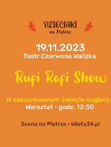 Na pomarańczowym tle informacje na temat wydarzenia: data, godzina, miejsce, tytuł.
