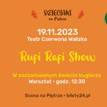 Na pomarańczowym tle informacje na temat wydarzenia: data, godzina, miejsce, tytuł.