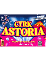 na kolorowym, niebiesko-różowym tle, zdjęcia artystów cyrkowych w trakcie występów oraz informacje o wydarzeniu: tytuł wydarzenia, adres strony internetowej oraz strony serwisu biletowego