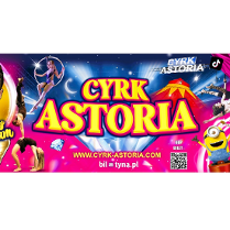 na kolorowym, niebiesko-różowym tle, zdjęcia artystów cyrkowych w trakcie występów oraz informacje o wydarzeniu: tytuł wydarzenia, adres strony internetowej oraz strony serwisu biletowego