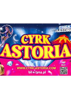 na kolorowym, niebiesko-różowym tle, zdjęcia artystów cyrkowych w trakcie występów oraz informacje o wydarzeniu: tytuł wydarzenia, adres strony internetowej oraz strony serwisu biletowego