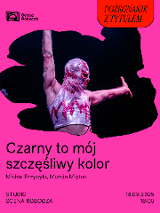 Plakat spektaklu. Różowe tło. W centralnej części na czarnym tle mężczyzna w brokatowej masce i kostiumie. Szczegółowe informacje w treści artykułu.