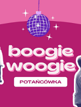 Grafika tańczących osób na różowym tle w formie naklejek. Na środku grafika kuli dyskotekowej. Tytuł wydarzenia.