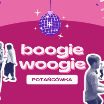 Grafika tańczących osób na różowym tle w formie naklejek. Na środku grafika kuli dyskotekowej. Tytuł wydarzenia.