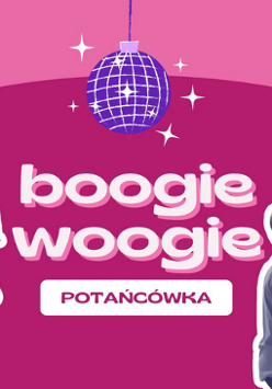 Grafika tańczących osób na różowym tle w formie naklejek. Na środku grafika kuli dyskotekowej. Tytuł wydarzenia.