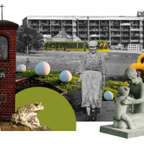 Kolaż składający się z różnych elementów miejskich i wiejskich. W centrum starsza kobieta z koszykiem. W tle blokowiska z napisem "Osiedle Oświecenia". W tle widoczny poznański tramawaj, figurka Matki Boskiej w kapliczce z czerwonej cegły, rzeźba, ropucha na kamieniu. Duże kule na trawie. Po bokach słoneczniki.