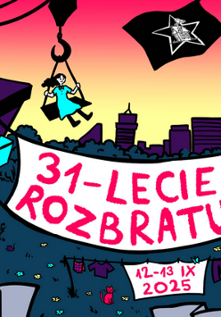 Rysunkowa grafika przedstawiająca Poznań, Rozbrat i kilka osób z plakatami. Szczegółowe informacje zawarte w treści artykułu.